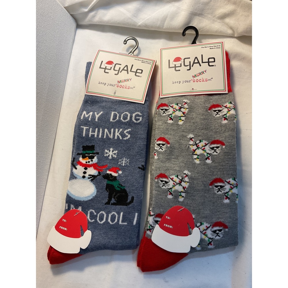 Legale Mens Christmas‎ Socks 2 Pair Novelty Holiday Dog Snowman Shoe Size 8 12